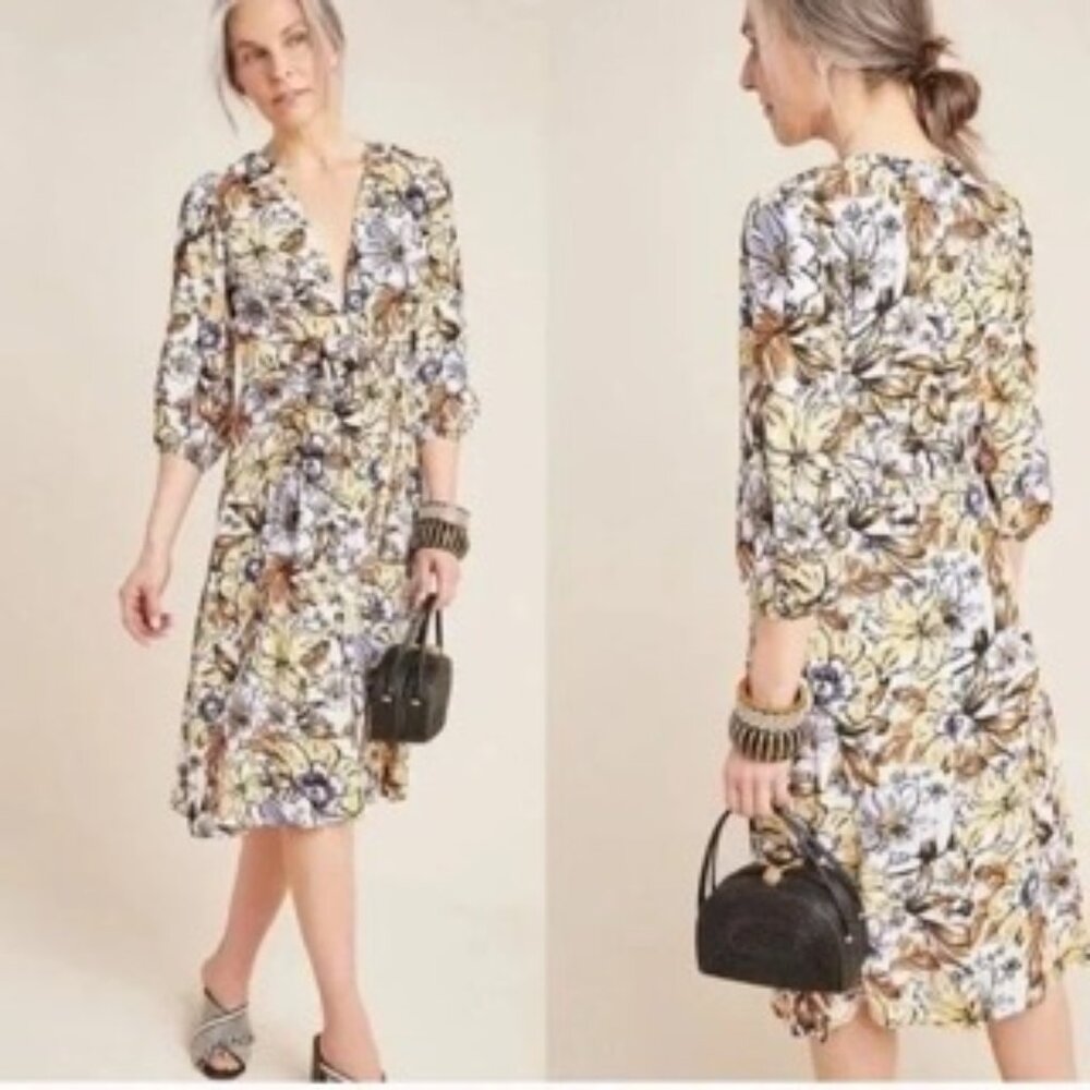 Faithfull The Brand x Anthropologie Chloe Midi Dress Yellow Brown Floral Size 4